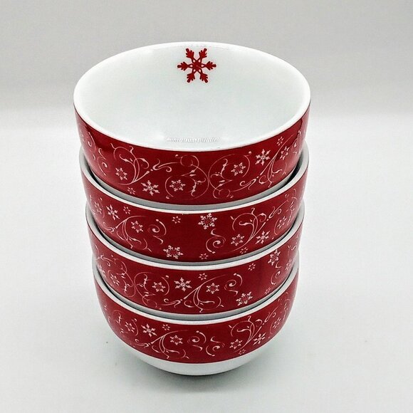 Clay Art Red Snowflake White Scroll Ceramic Bowls - Picture 2 of 7